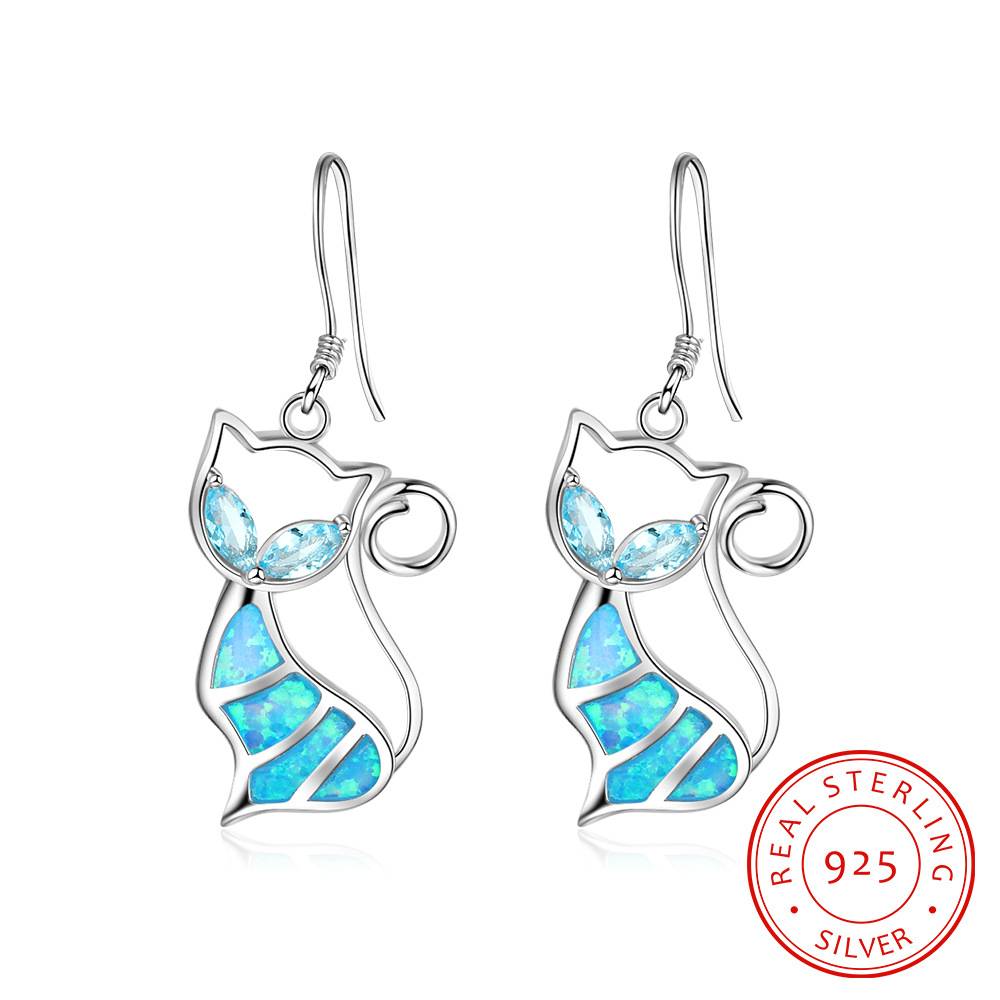  Opal Earrings 925 Sterling Silver Dainty Cat Type Blue Opal Dangle Earrings for Women Girls Gifts 