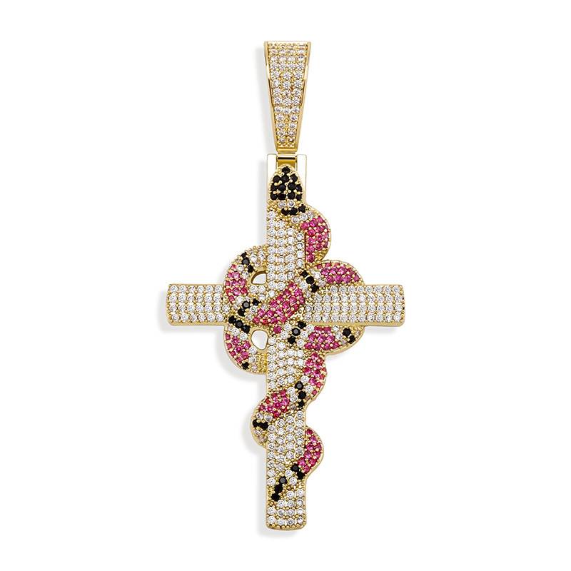  Iced Out Cubic Zirconia Diamond Retro Snake Cross Pendant Mens 18k Gold Plated Silver Cross Pendant Necklace