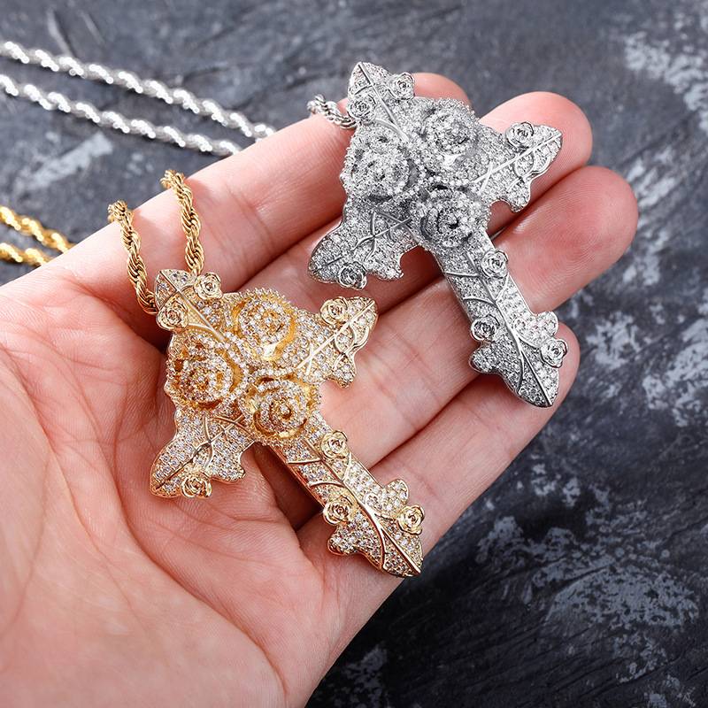  New Hip-hop Jewelry Brass Iced Out  Stone in Gold Pendant Necklace  Flower Cross Pendants Pendant Necklace