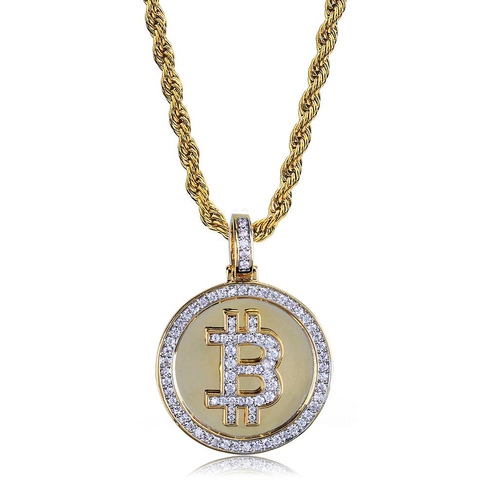 Hip Hop Iced Out Gold Color Plated Bitcoin Pendant Necklace Micro Pave Zircon With  Rope Chain 