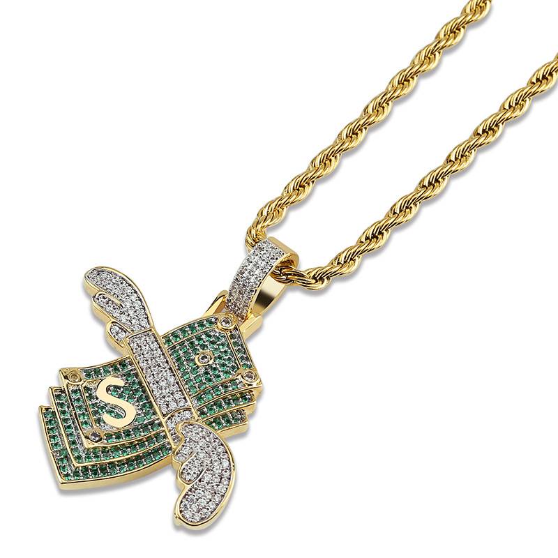 High Quality Iced Out Solid Dollar Cash Bling Pendant Personalized Rich Hip Hop Flying Money with Wing  Necklace