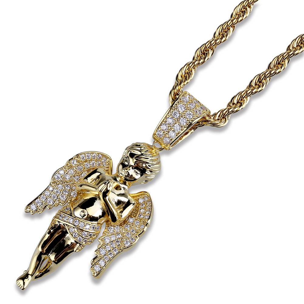  Hip-hop Jewalry gold plated diamond angle wing pendant Brass Zircon Iced Out Angle Pendant Necklace for men jewelry