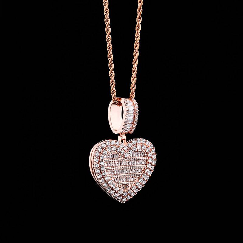 Photo Frame Cubic Zircon Luxury Custom Picture Heart Photo Locket Pendant Lavish Necklace