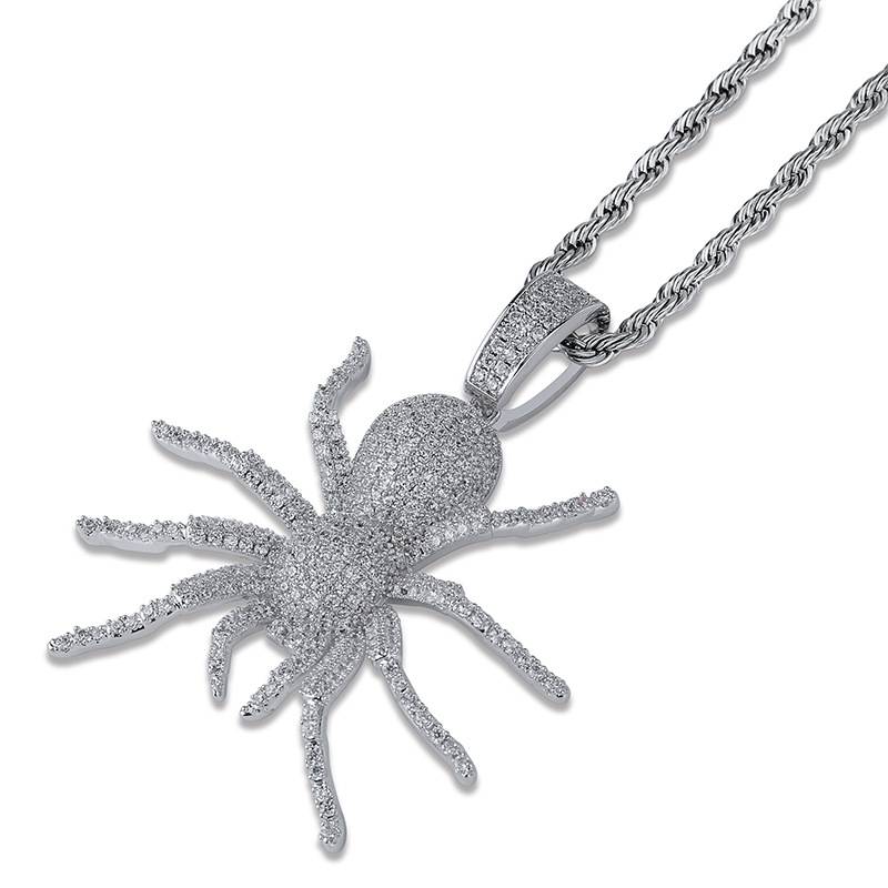New Iced Out  Spider Pendant Necklace Mens Micro Paved Hip Hop Gold Silver Color Bling Charm Pendant Necklace