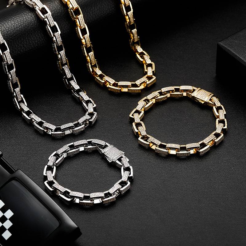 Mens Hip Hop Jewelry Set 8mm  Plated Box Link Chains Cubic Zircon Diamond Bracelet Iced Out Box Link Chain Necklace