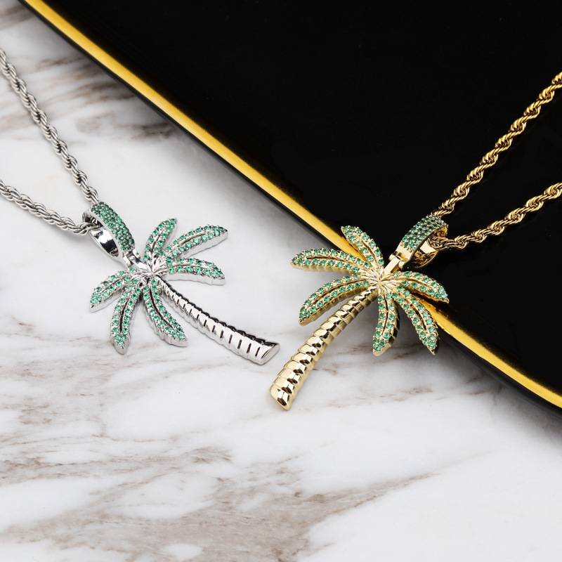 Coconut Palm Tree Diamonds Pendant Cubic Zircon Gold Plated Pendants Necklaces Iced Out Hip Hop Jewelry For Men Women