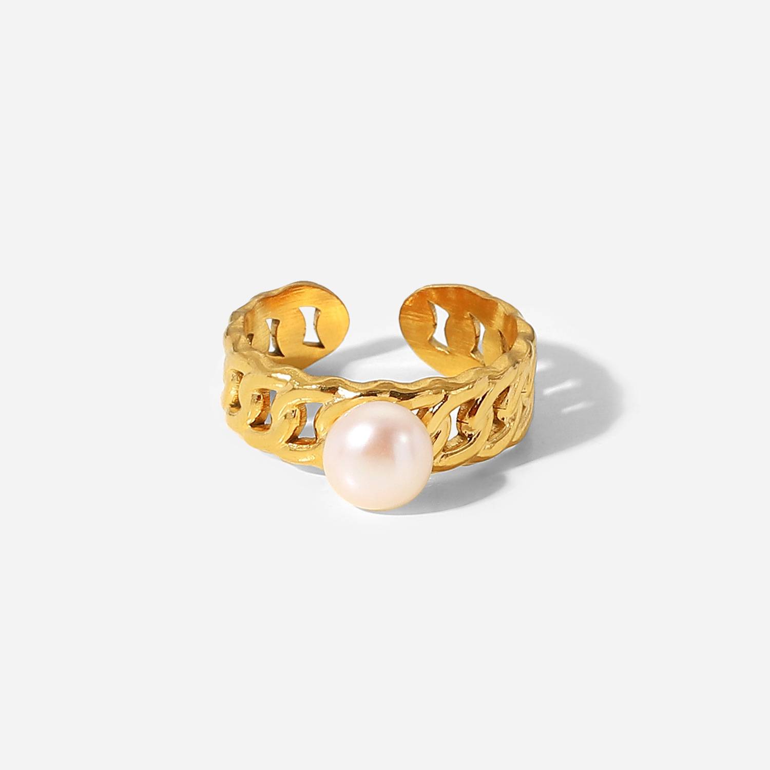 18K镀金不锈钢链条珍珠戒指 欧美chic风女士指环戒指复古手饰饰品