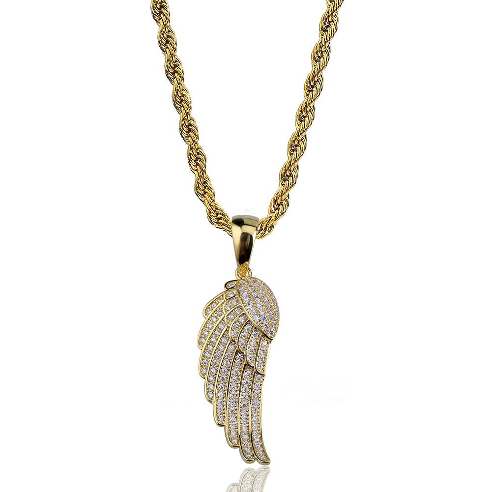Hip hop 18k Gold Plated Diamond Crystal   Wings Necklace Feather Angel Wings Pendant 