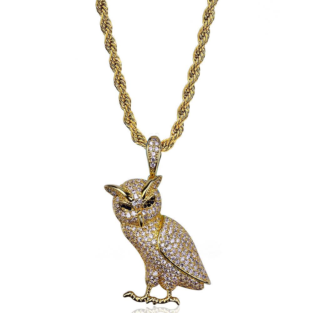 Hot Selling Gold Plating Micro Inlay Zircon Stainless Steel Owl Pendant Necklace For Men