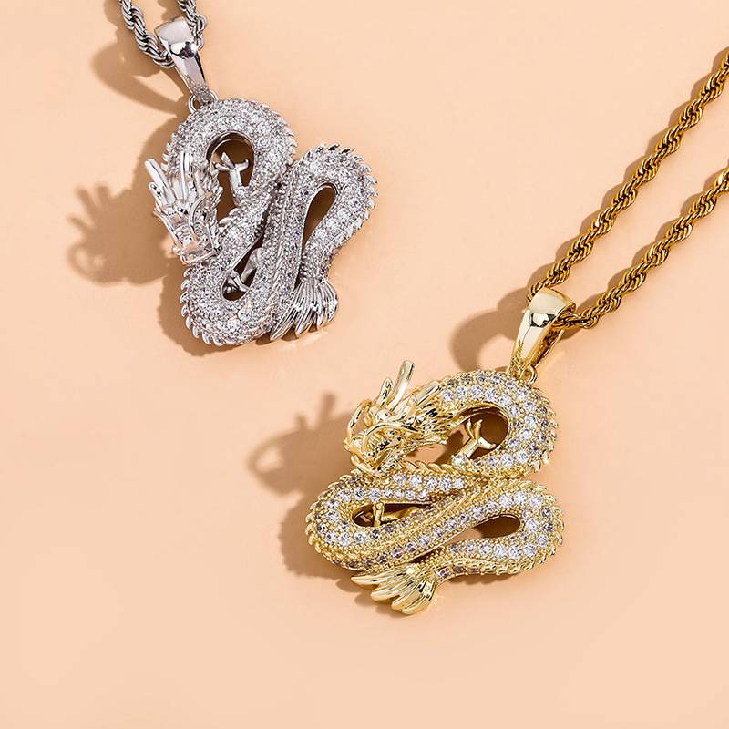 Gorgeous Premium Ice Out 18K Gold Plated China Lucky Auspicious Animal Necklace Micro Paved Zircon Dragon Pendant