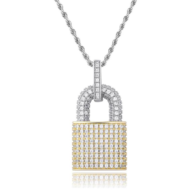 Hip Hop Jewelry Brass Iced Out Diamond Iced Padlock Pendant Necklace Two Tone Iced Padlock Pendant For Men and Women