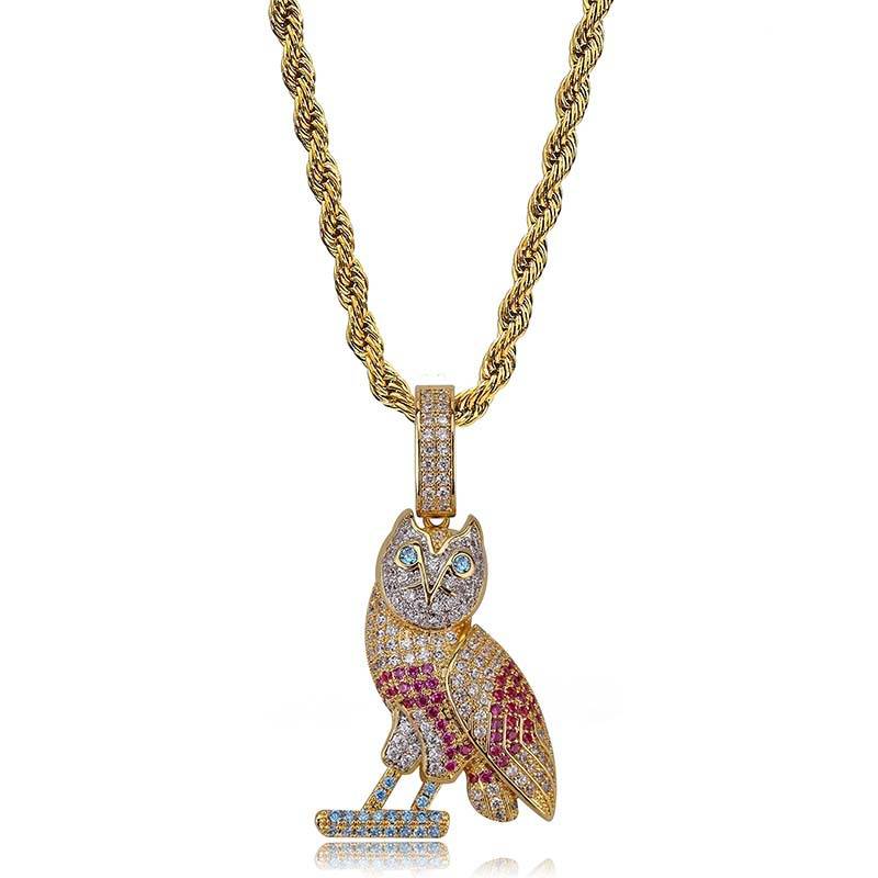 Micro Zircon 18k Gold Diamond Owl Hip Hop Iced Out Necklace Pendant