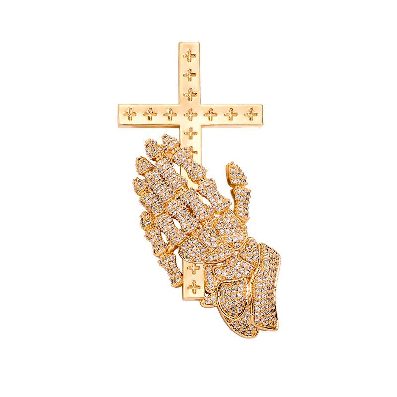 Hip Hop Necklace Jewelry Gold Plated Diamond Cross Pendant Iced Out Cubic Zircon Pray Hand Cross Pendant Necklace For Men Gift