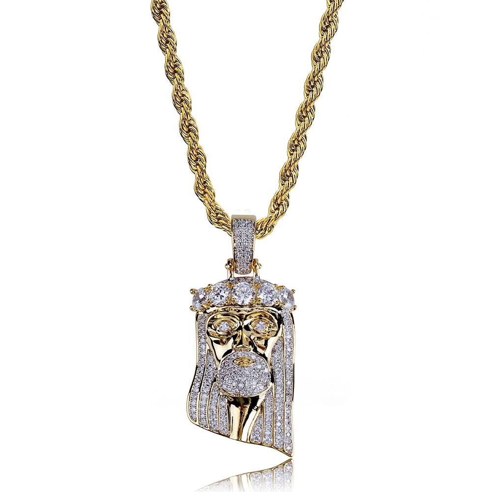 Hip Hop Fine Jewelry Personality Delicate Vintage  Diamond Crown Christ Pendant Ice Out Jesus Head Cubic Zircon Necklace