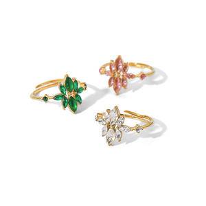 New Dainty Jewelry PVD 18K Gold Plated Thin Flower Zircon Finger Rings Stainless Steel Green CZ Zircon Adjustable Ring for Women