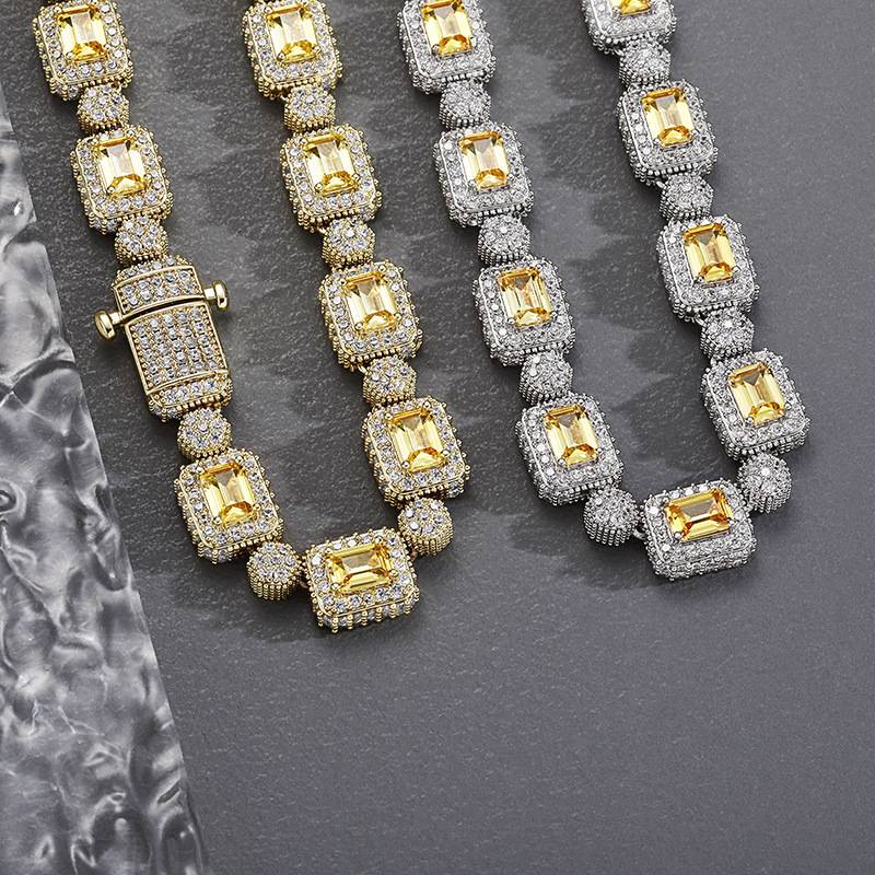 Hip Hop Jewelry 10mm Cuban Chain Brass Iced Out Square Round Yellow Zirconia  Necklace Fashion Jewelry