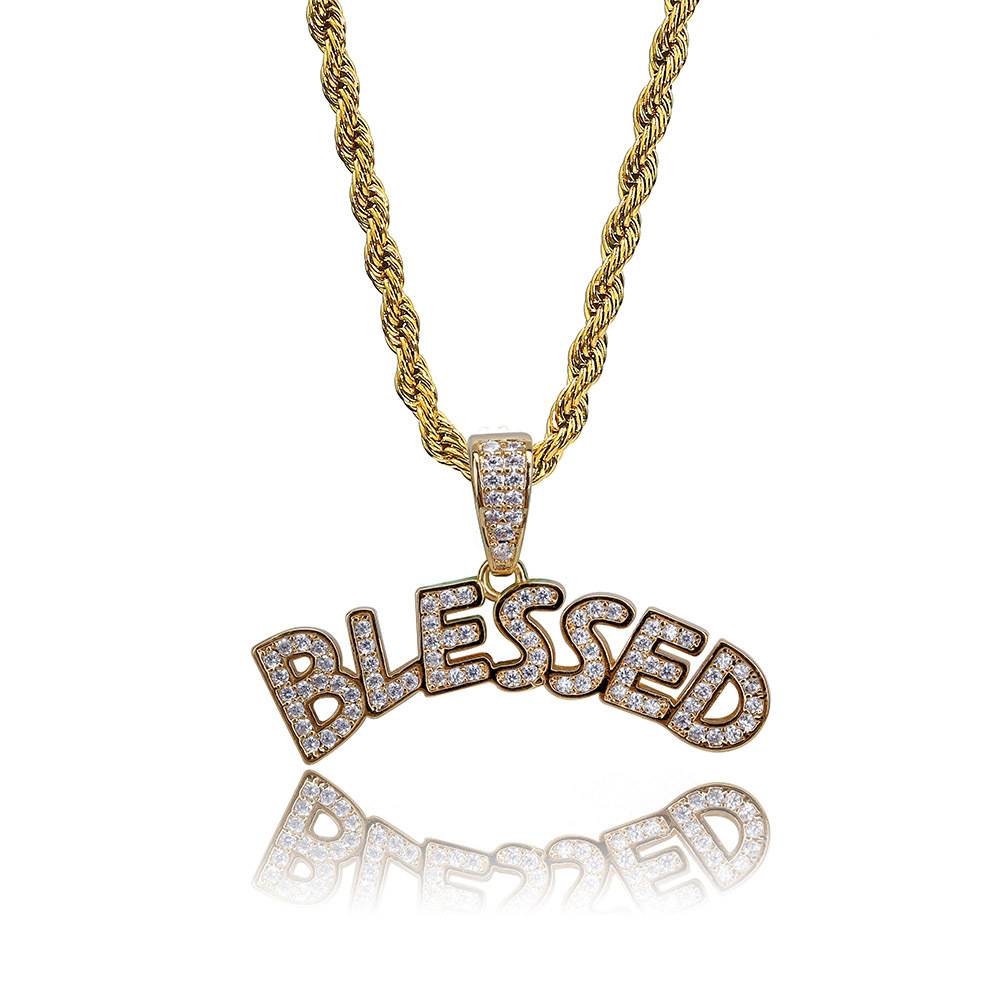  New Arrival Hip Hop Brass Paved Zircon Blessed Letters Pendant Necklace  