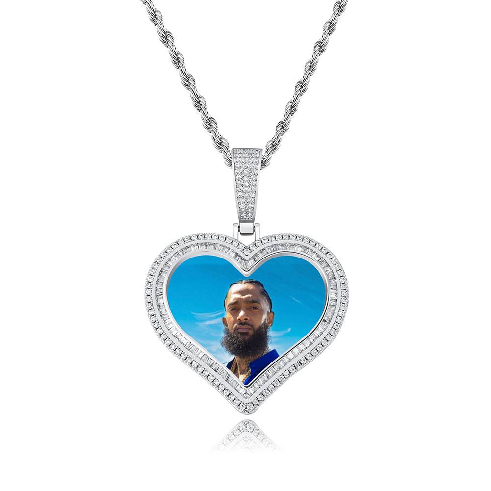  Hip Hop Iced Out  Heart  Pendant Custom Zircon Picture Photo Medal Pendant Frame And Necklace Gift