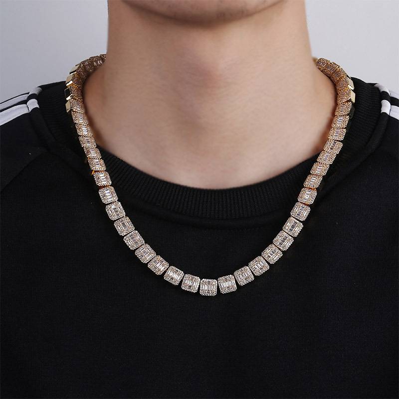 Gold Plated Iced Out Jumbo  Sparkling Baguette Cubic Zirconia Tennis Link Chains for Men Necklace