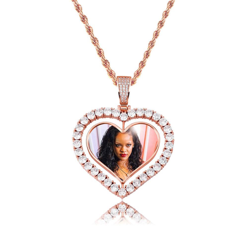  New Heart Shaped Custom Photo Spin Double Sided Medallion Pendant Necklace  Chain Zircon Hip Hop Jewelry