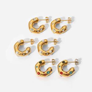 New Fashion Jewelry 18K Gold Plated Stainless Steel Circle Earrings Hammer Shiny CZ Zircon C Shape Hoop Earrings For Women Gifts