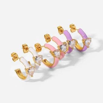 New INS Fashion Dripping Oil Heart Zircon Earrings Custom Stainless Steel 18k Gold Plated C Shape Stud Enamel Hoop Earrings 2022