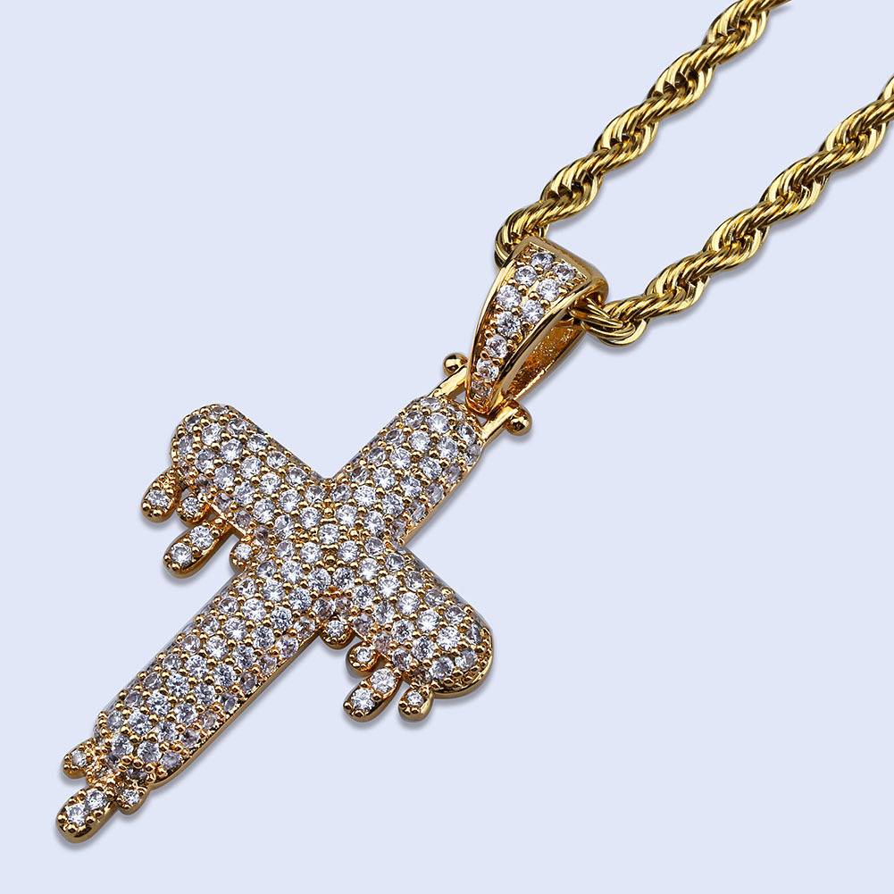 European  Jewelry Real Gold Plated Micro Pave Cubic Zirconia  Cross With Water Drop Pendant Necklace