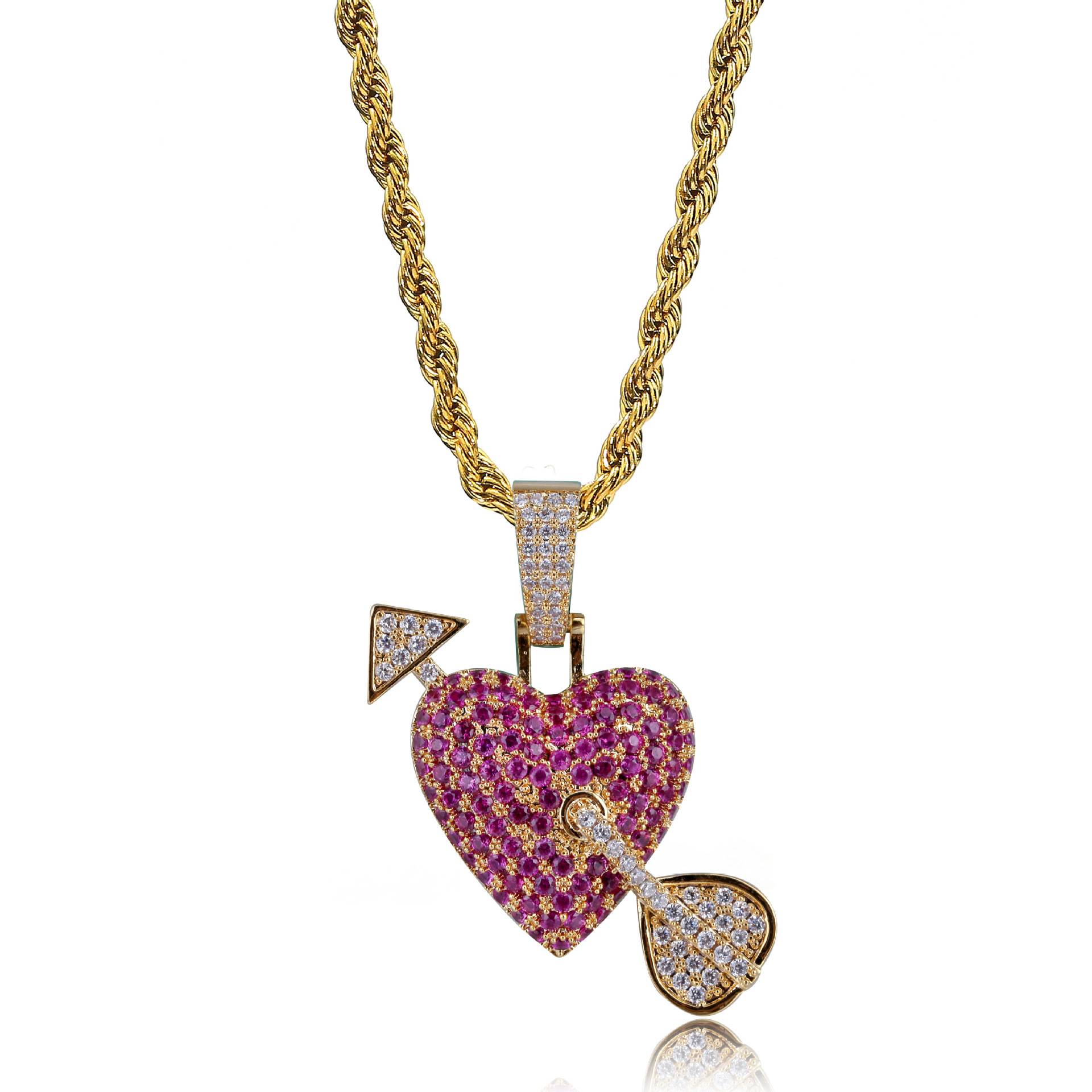 High Quality Ice Out Arrow Through Heart Pendant Hip Hop Purple  Stone  Full Zircon Cupid's Necklace Couple Jewelry
