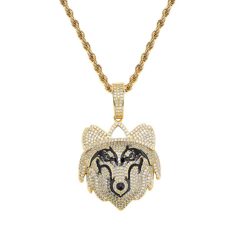 Bling  Stone  Iced Out Wolf Head Pendants for Men Rapper Fine Jewelry Animal Necklace