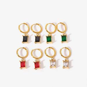 New 18K Gold PVD Plated Stainless Steel Cubic Zirconia Charm Earring Mini Rectangle Colorful Zircon Drop Earring Fashion Jewelry