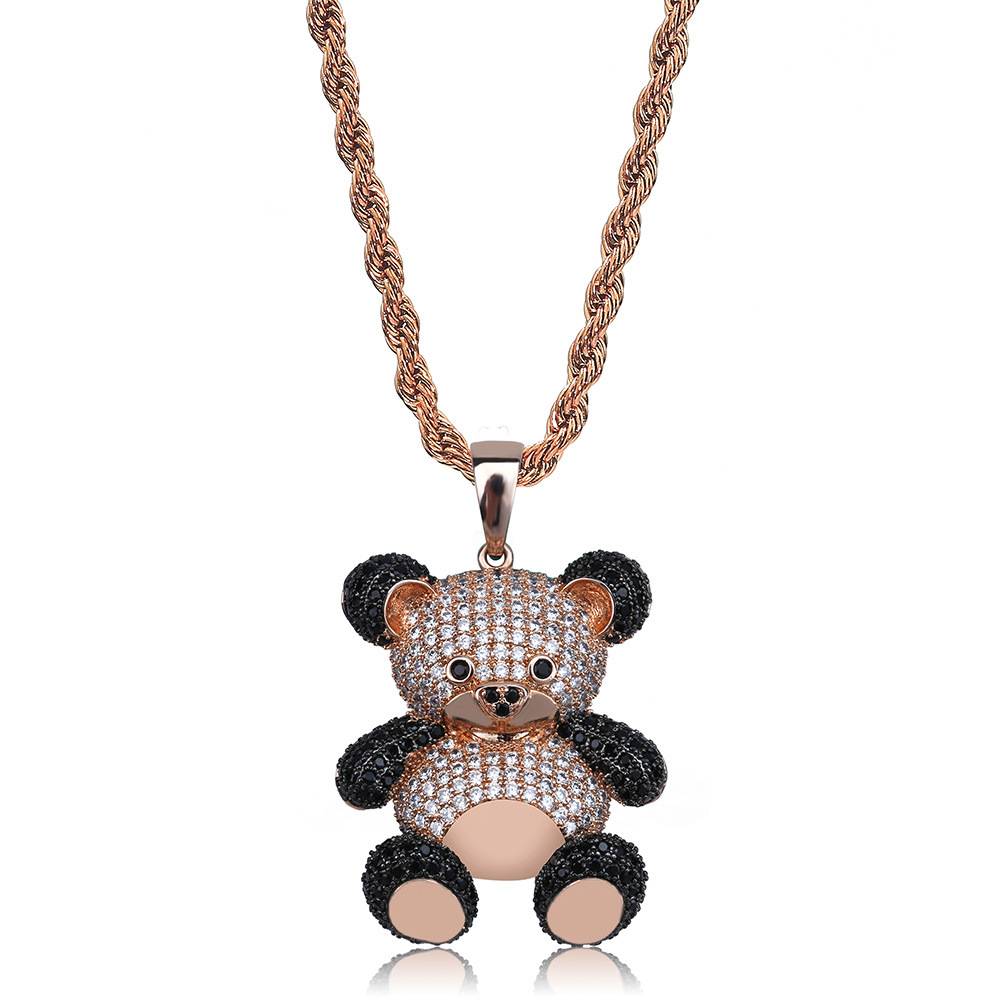 Explosive Cute Cartoon Bear Pendant Set With Colored Zircon Unisex Hip Hop Jewelry Pendant Necklace