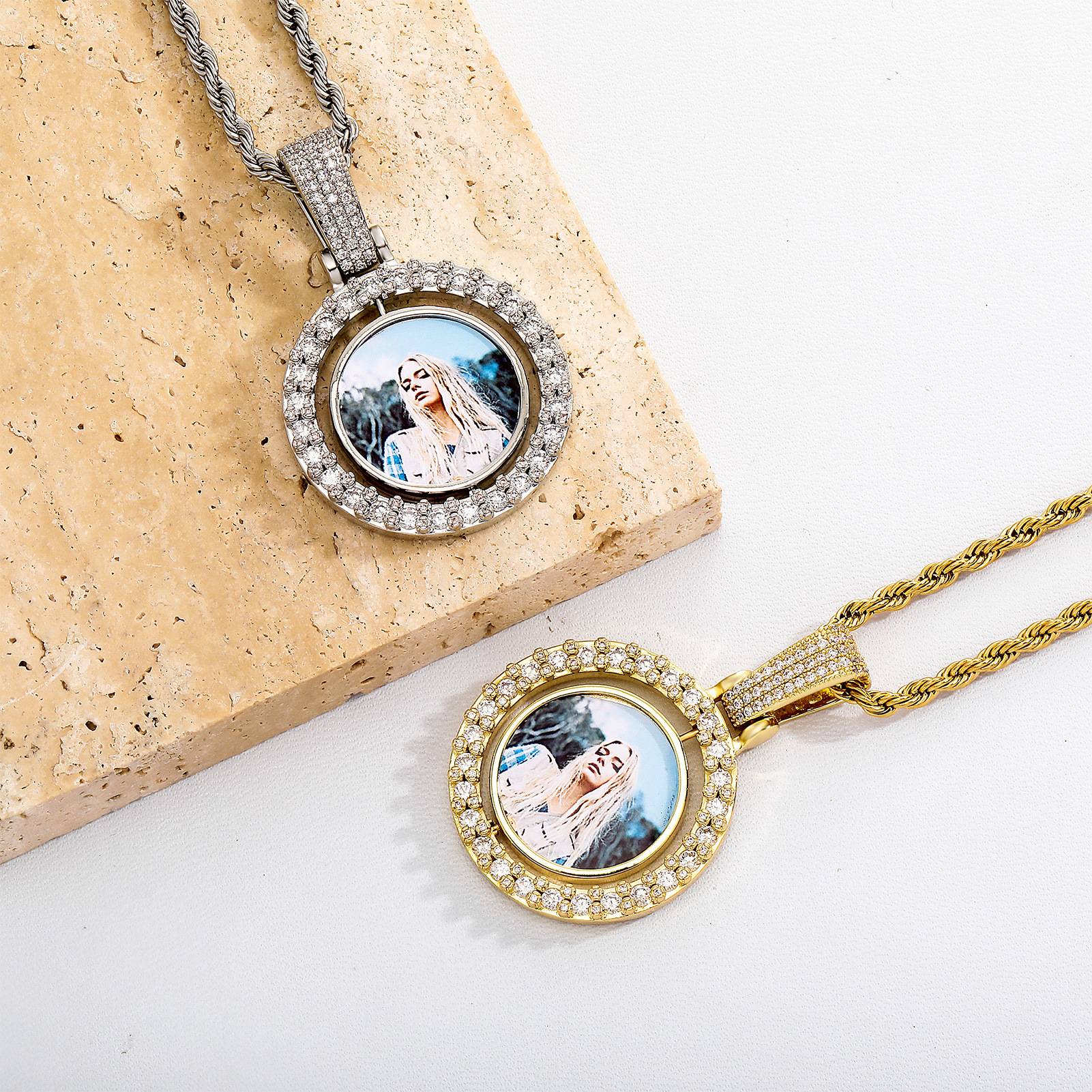Custom Rotate Photo Medallion Pendant And Necklace Back Solid Square Zircon Men's Tennis Chain Hip Hop Jewelry
