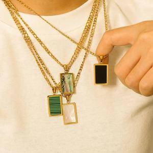 High Quality Rectangle Malachite Onyx Mother of Shell Pendant Willow Necklace Gold Plated Stainless Steel Figaro Chain Necklaces