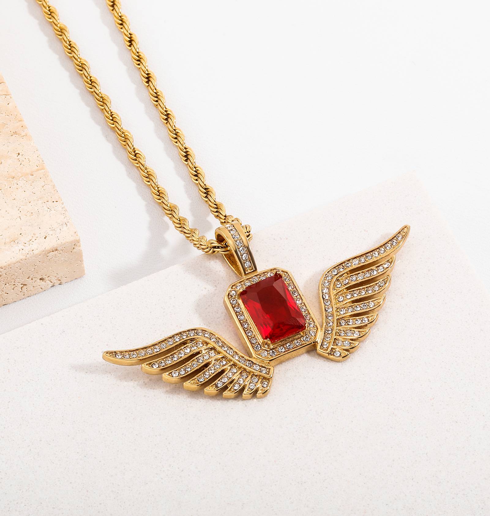 Popular Wings Ruby Hip Hop Pendant Necklace for Men and Women 14K Gold Plated CZ Zircon Stainless Steel Necklace Hip Hop Jewelry