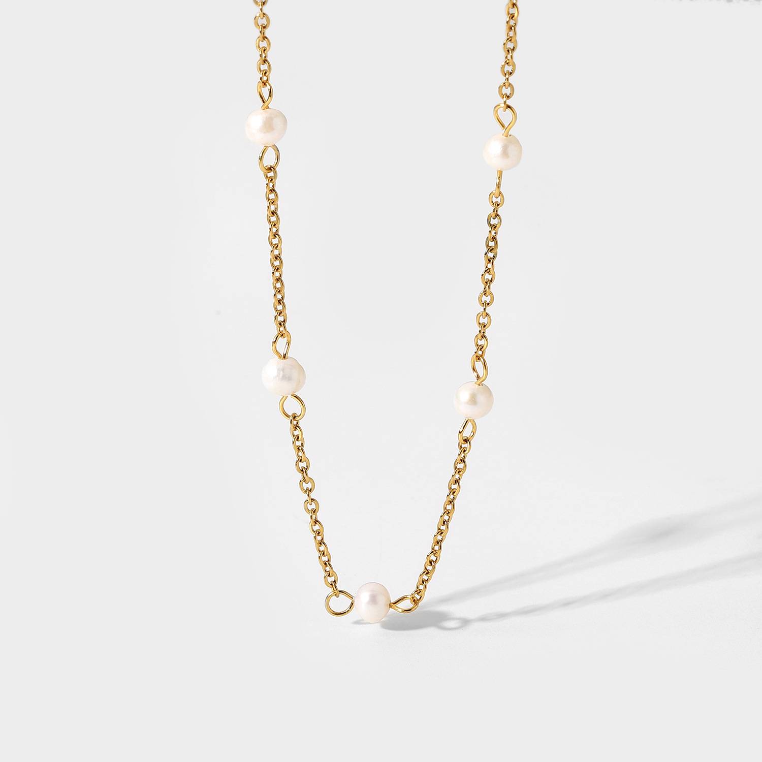 欧美INS网红新款珍珠项链18K镀金不锈钢链条天然淡水珍珠脖颈链女