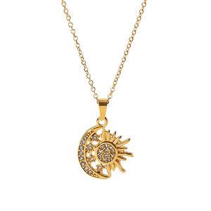 New Fashion PVD 18K Gold Plated Cubic Zircon Necklace Stainless Steel Sun Moon Necklace Micro Pave Rhinestone Necklace for Women