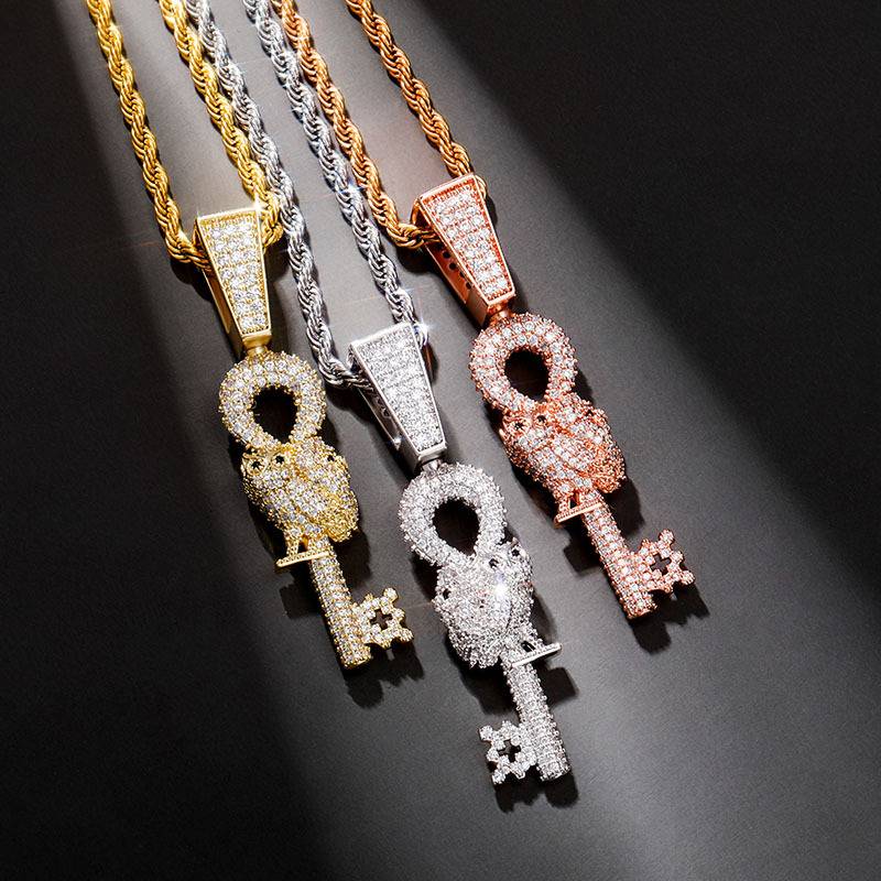 New Owl Key Pendant Necklace Iced Full Micro Pave Cubic Zirconia Hip Hop Fashion Jewelry For Women Gift
