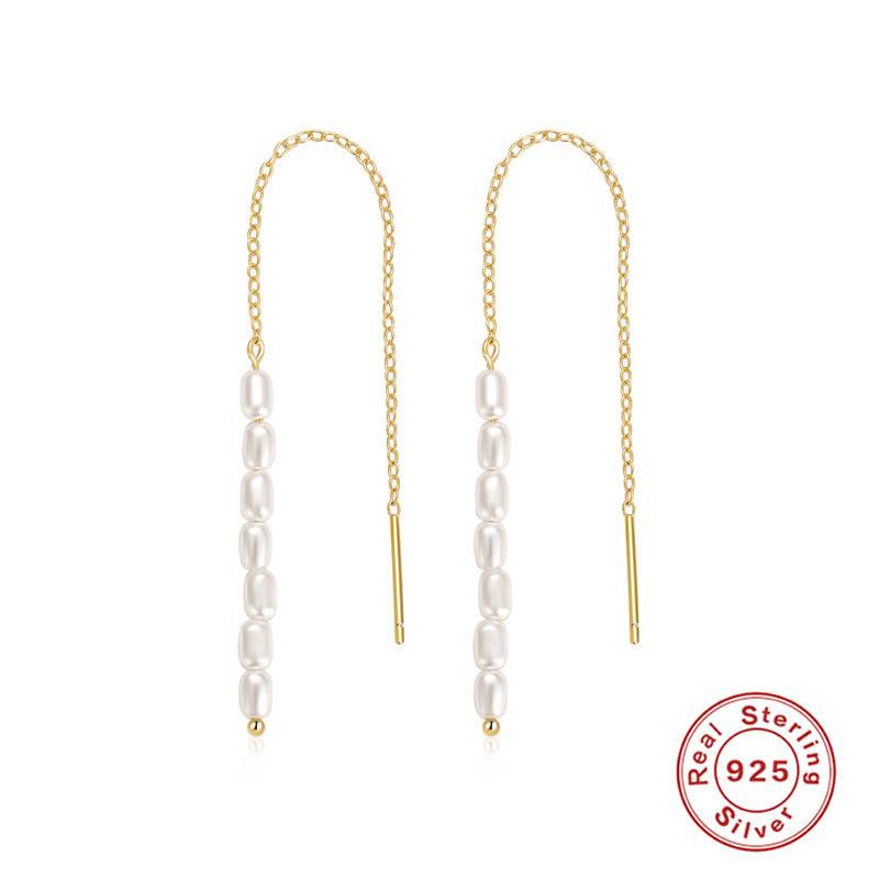 Fashion 100% S925 Sterling Silver Long Chain Tassel Drop Earrings For Women 5A Pearl Dangle Studs Personality Ears Fine Jewelry