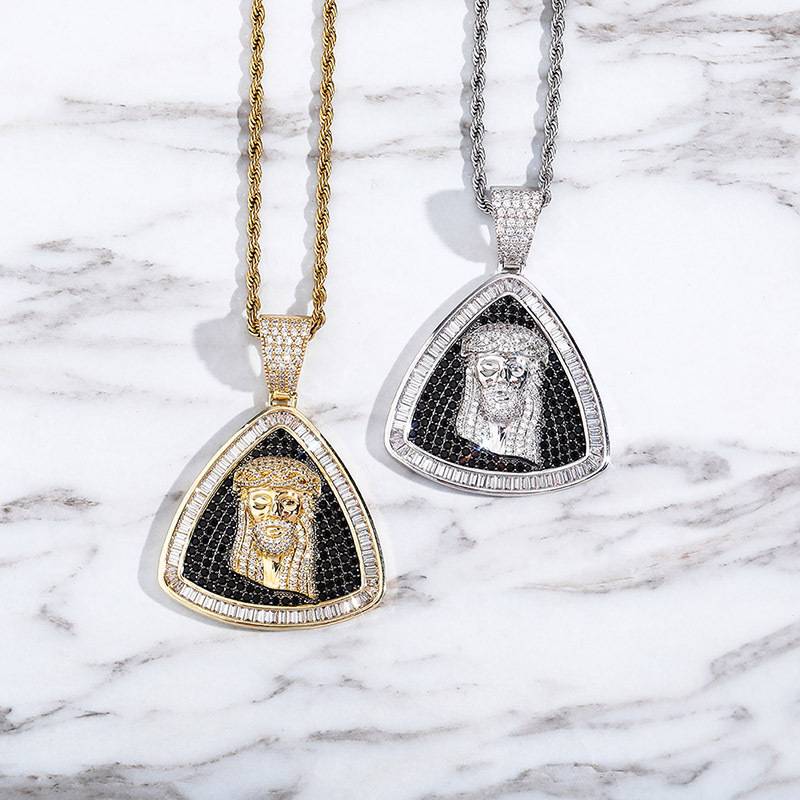 Solid 14k Gold Plated Hip Hop Jewelry  Gemstone Lced Out Baguette Diamond Jesus Piece Pendant Necklace