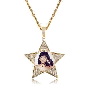 Iced Out Hip Hop Jewelry Bling Picture Necklaces Custom Pentagram Memory Medal Charm   Photo Pendant  