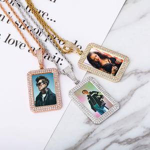  Custom Photo Medal   Zircon Pendant Memory Medallion 2 Rows Square Picture Necklace Gift For Couple 