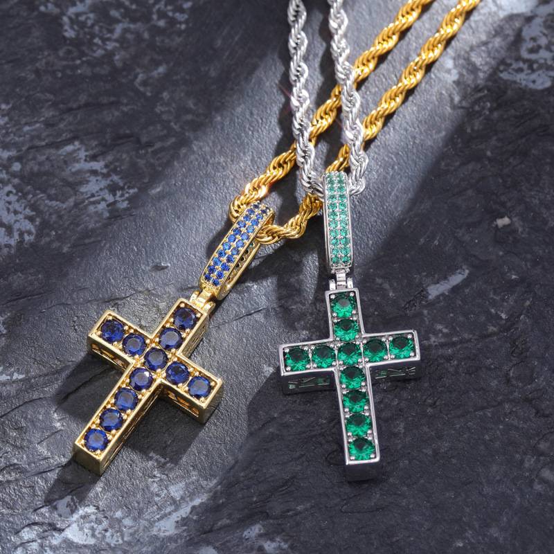 正反面双色蓝绿锆石十字架吊坠双面可佩戴个性复古项链饰品