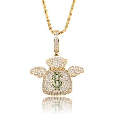 Flying Wing Money Bag Diamonds Pendant Cubic Zircon Gold Plated Pendants Necklaces Iced Out Hip Hop Jewelry For Men Women
