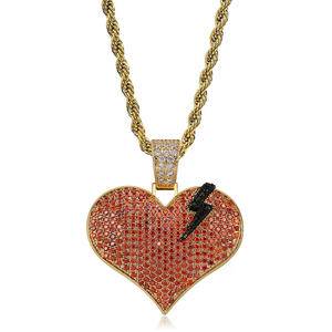 Iced Out Bling Black Lightning Red Heart Pendant Cubic Zirconia Couple Garnet Heartbeat Necklace Festival Gift Jewelry