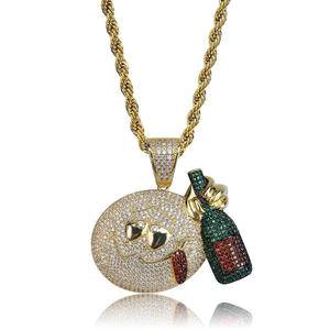 Hip Hop New Iced Out Cartoon Face Stuck Out Its Red Tongue With Wine Bottle Pendant Necklace