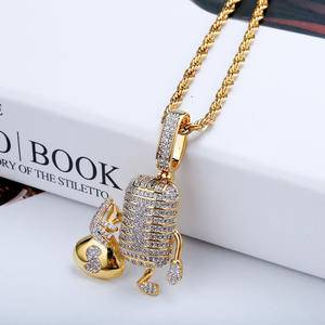 New Microphone Holding Money Bag Iced Out gold silverPendant Necklace