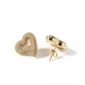 Women Fashion   Bling Iced Cubic Zirconia   Jewelry Gold Plated Diamond Heart Stud Earrings 