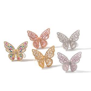 Fashion Ice Out Colorful Hollow Butterfly Ring   Zircon Hip Hop Unisex Jewelry For Women