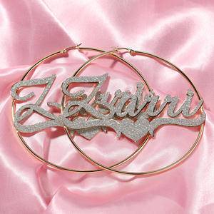Custom Hip Hop Jewelry Hoop Glitter Personalized Name Stainless Steel Round Shape Bling Earring