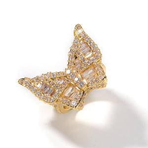 European And American New Style Micro-Inlaid Big Zircon Butterfly Ring Fashion Exaggerated Gold Plated Hip Hop Ring